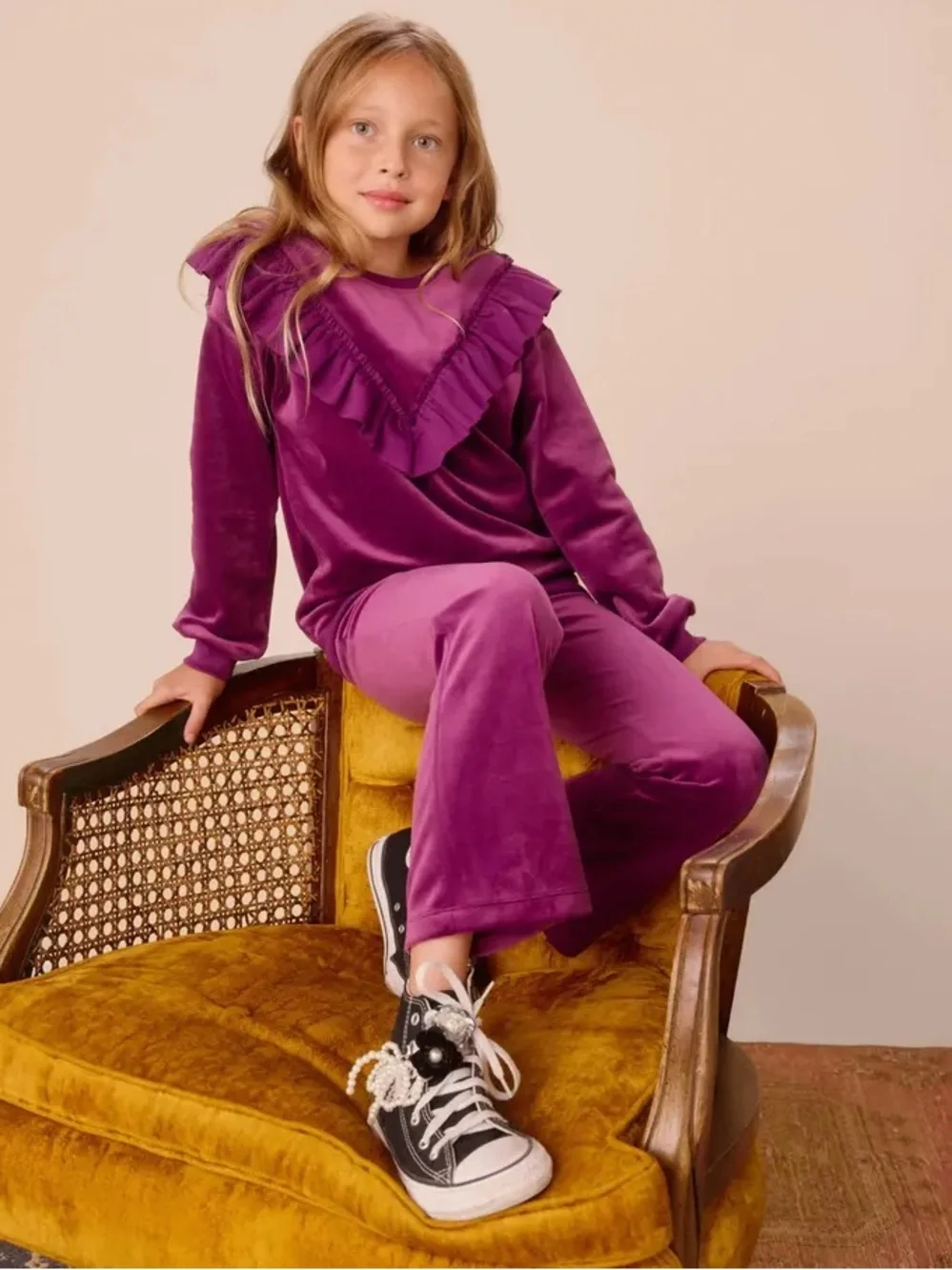 Tea Collection girls velour ruffle top and matching flare pants size 12 magenta